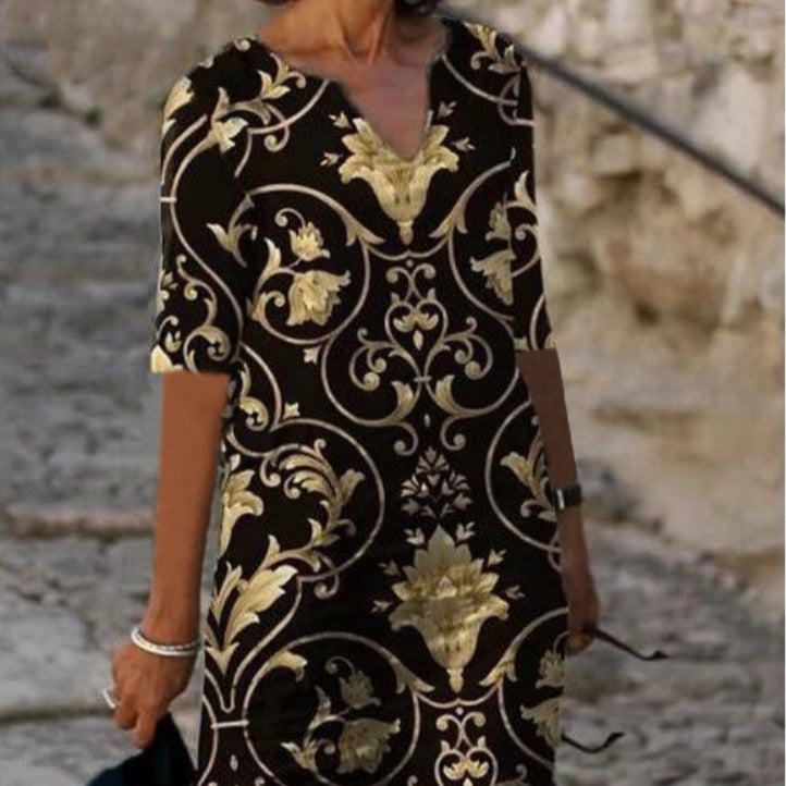 Damen luxuriöses V-Ausschnitt Kleid mit floralem Design und kurzem Ärmel R&B