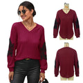 Damen V-Ausschnitt Pullover mit eleganten Spitzenärmeln und Rippstruktur R&B