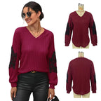 Damen V-Ausschnitt Pullover mit eleganten Spitzenärmeln und Rippstruktur R&B