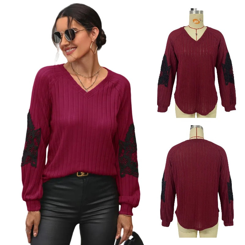 Damen V-Ausschnitt Pullover mit eleganten Spitzenärmeln und Rippstruktur R&B