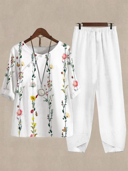 Damen Freizeit Oberteil mit floralem Muster und bequemer Hose R&B