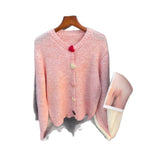 Damen lockerer Strickpullover mit herzförmigen Knöpfen und weitem Schnitt R&B