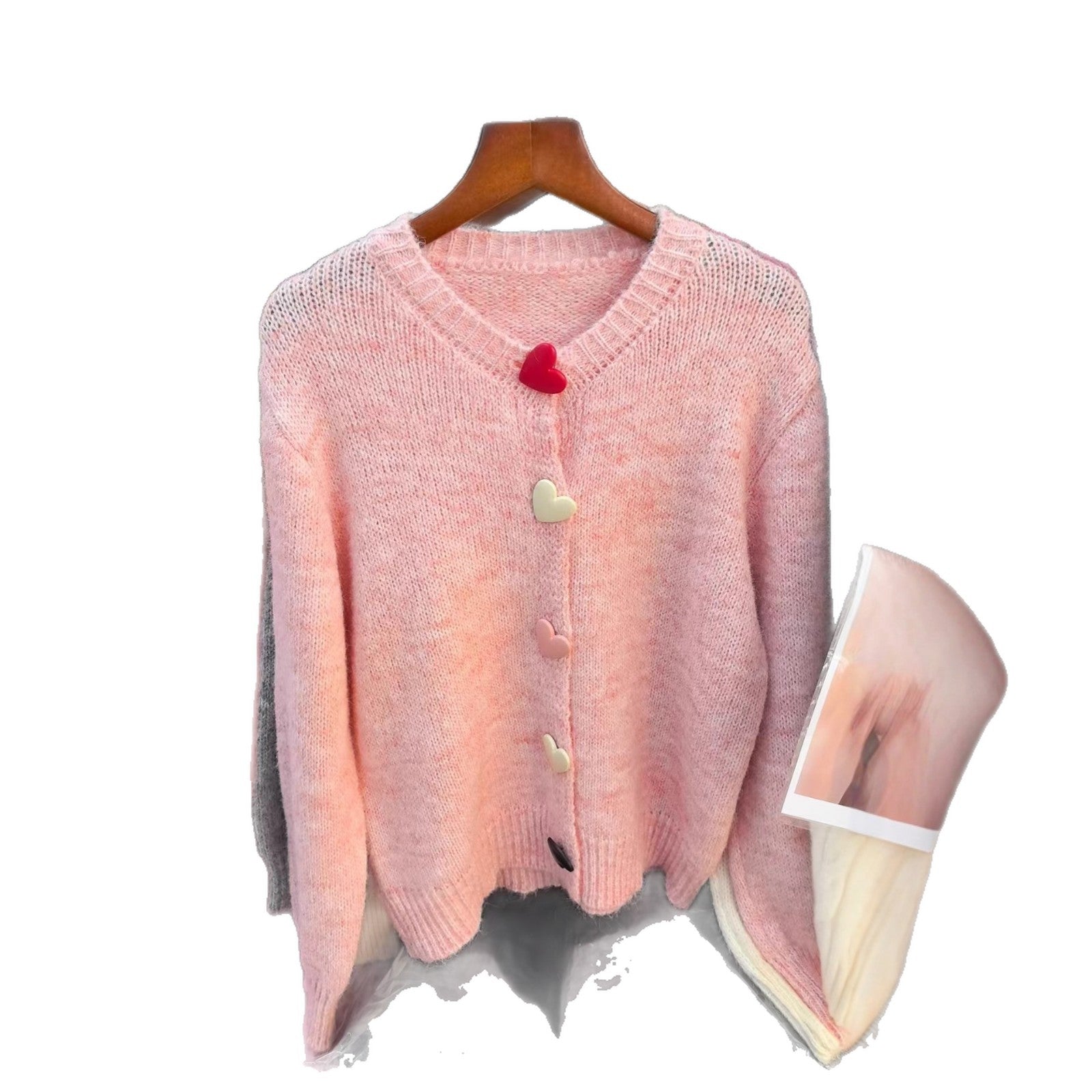 Damen lockerer Strickpullover mit herzförmigen Knöpfen und weitem Schnitt R&B