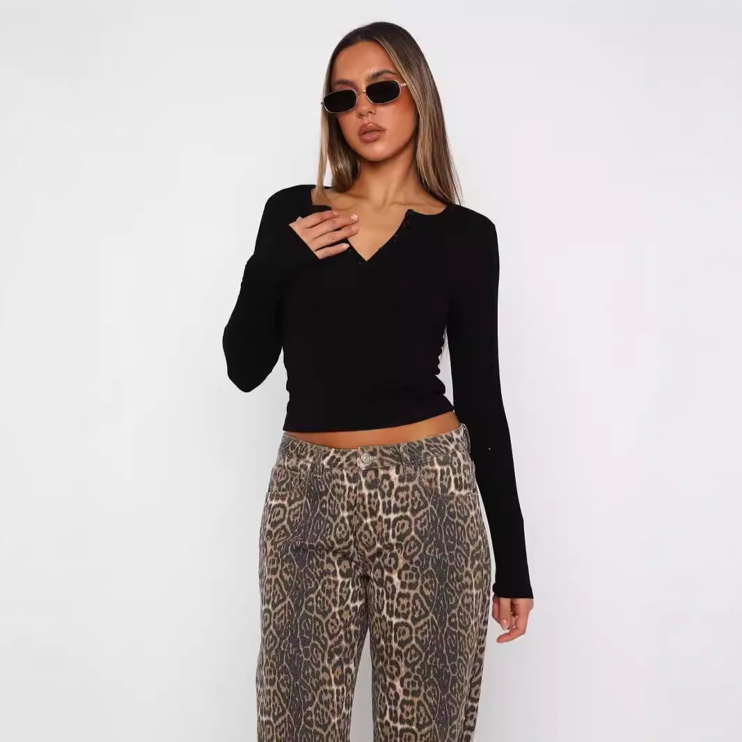 Damen Langarm Crop-Top mit eleganter V-Öffnung und figurbetontem Schnitt R&B
