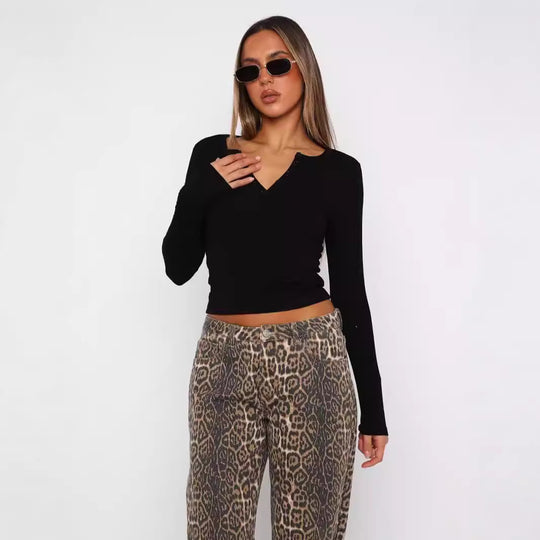 Damen Langarm Crop-Top mit eleganter V-Öffnung und figurbetontem Schnitt R&B