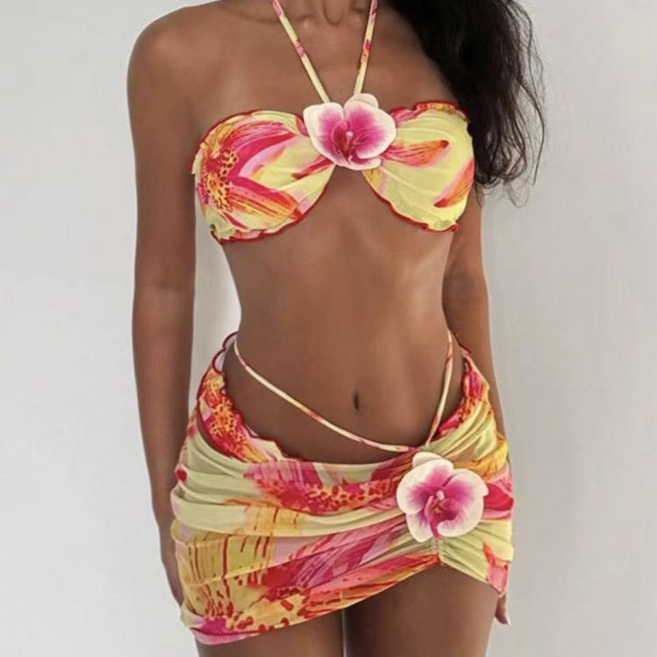 Damen Bikini-Set mit floralem Design und verspieltem Wickelrock R&B