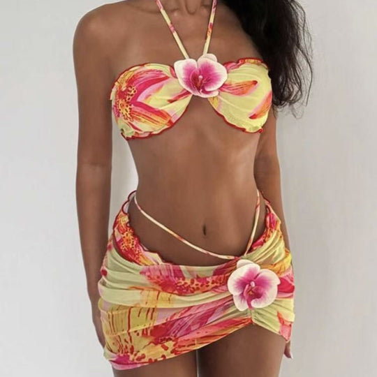 Damen Bikini-Set mit floralem Design und verspieltem Wickelrock R&B
