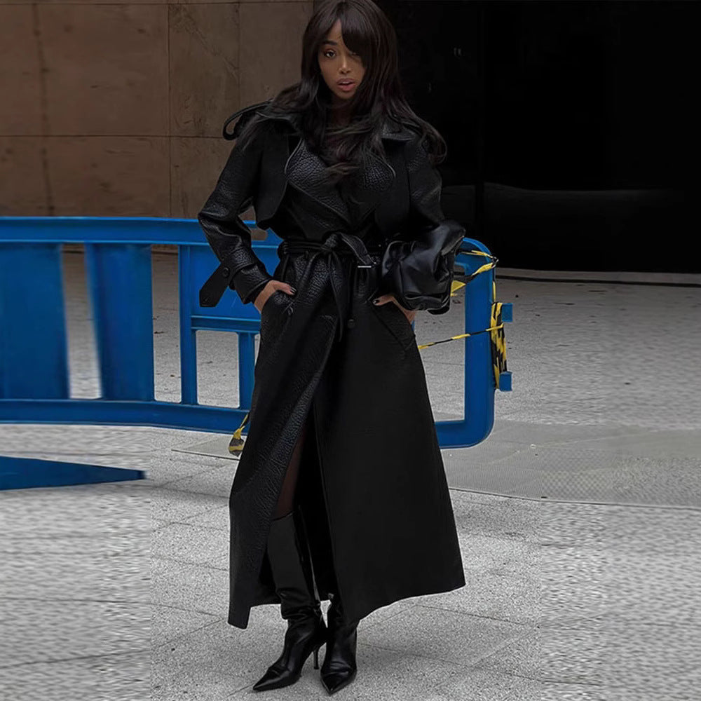 Damen Kunstleder Trenchcoat mit Oberteil und Taillengürtel R&B