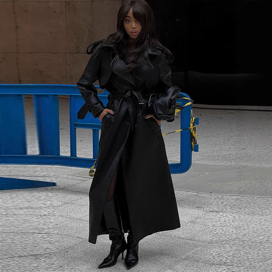 Damen Kunstleder Trenchcoat mit Oberteil und Taillengürtel R&B