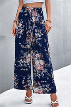 Damen Weite Blumenhose mit elastischem Bund und Bindegürtel R&B