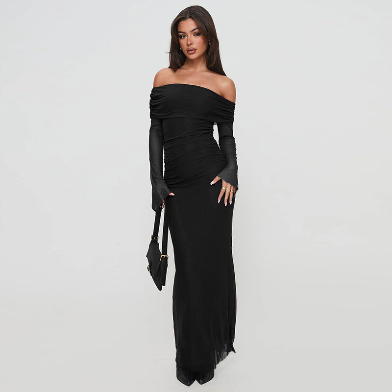 Damen figurbetontes Maxikleid mit schulterfreiem Design und Rüschendetails R&B