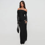 Damen figurbetontes Maxikleid mit schulterfreiem Design und Rüschendetails R&B