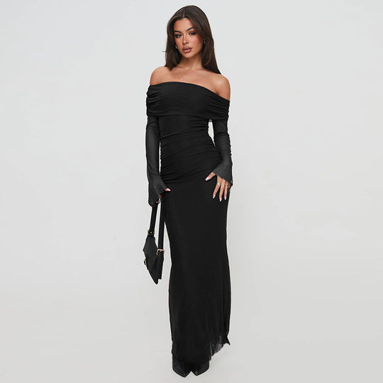 Damen figurbetontes Maxikleid mit schulterfreiem Design und Rüschendetails R&B