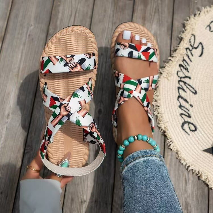 Damen nan flache Espadrille-Riemchensandalen mit geflochtenem Bastrand, elastischem Fersenband und gekreuzten Ethno-Riemen R&B