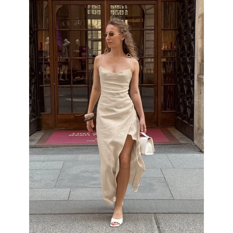 Damen elegantes Maxikleid mit tiefem V-Ausschnitt und seitlichem Schlitz R&B