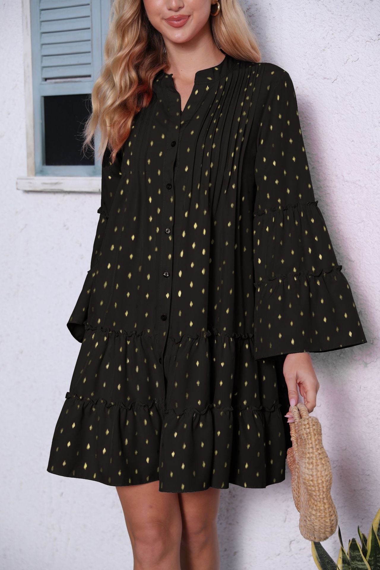Damen lässiges Hemdblusenkleid mit Rüschendetails und Knopfleiste R&B