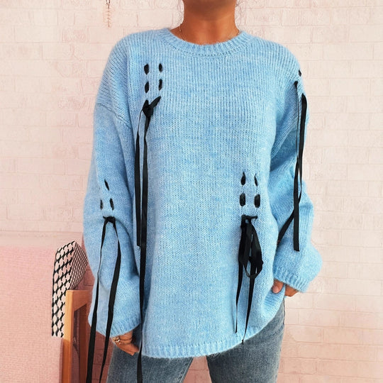 Damen lässiger Strickpullover mit dekorativen Bindebändern R&B