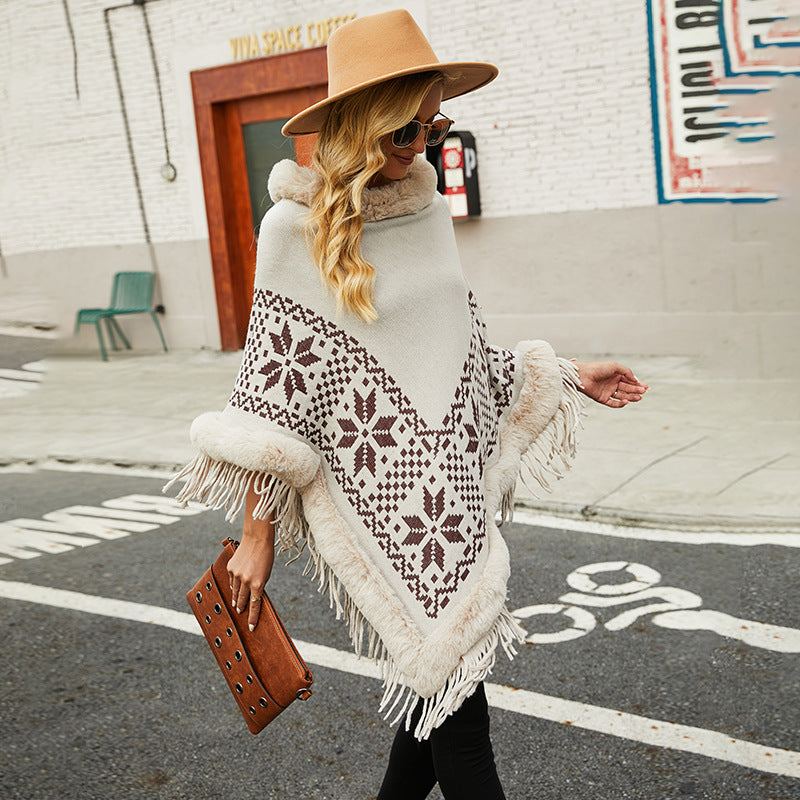 Damen eleganter Poncho mit dekorativem Fransen-Design und Kunstfellbesatz R&B
