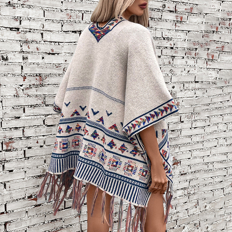 Damen stilvolle Poncho mit buntem Ethnomuster