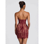 Damen Sexy Spitzenkleid mit gerafftem Schnitt und herzförmigem Ausschnitt R&B