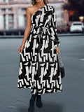 Damen Maxikleid mit asymmetrischem One-Shoulder-Design und Bindegürtel R&B