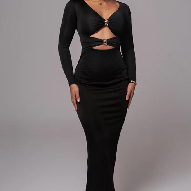 Damen Elegantes Cut-Out Maxikleid mit tiefem V-Ausschnitt und betontem Taillenschnitt R&B