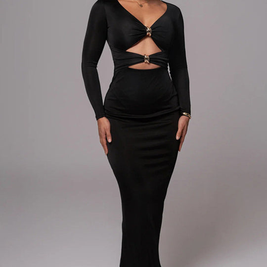 Damen Elegantes Cut-Out Maxikleid mit tiefem V-Ausschnitt und betontem Taillenschnitt R&B