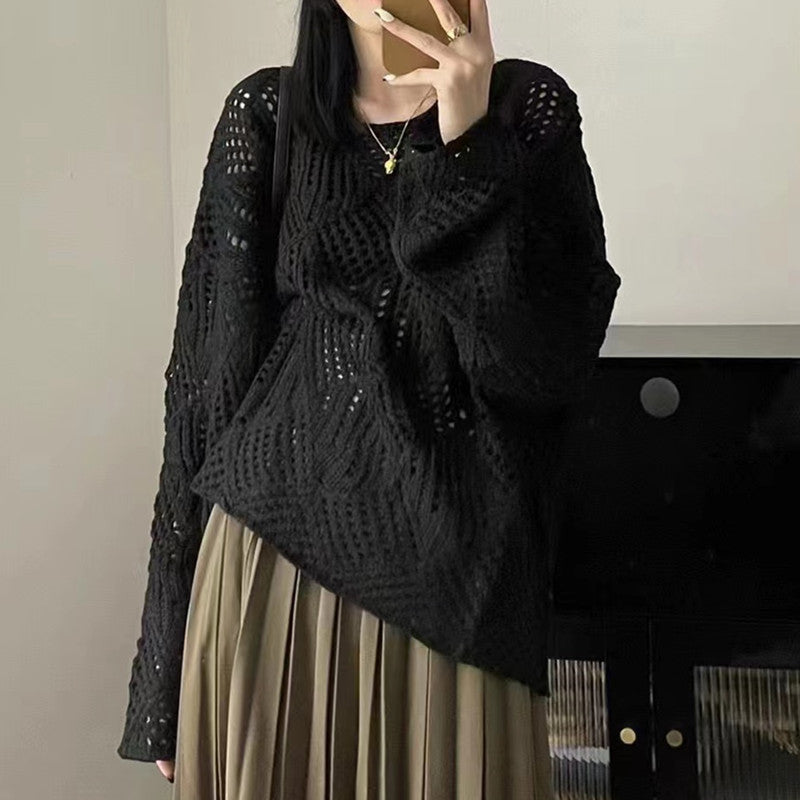 Damen Grobstrick Pullover mit innovativem Lochmuster und lässigem Schnitt R&B