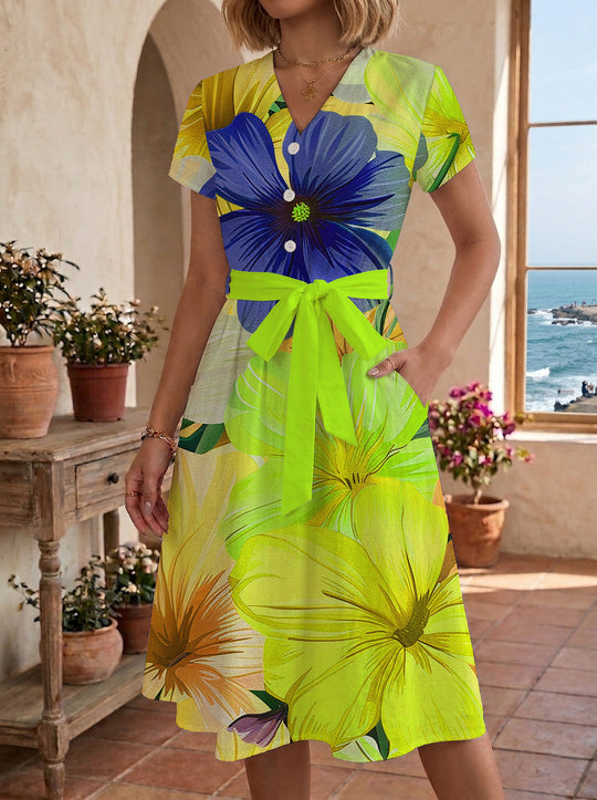 Damen Midikleid mit farbenfrohem Blumendesign und taillierbarem Bindegürtel R&B