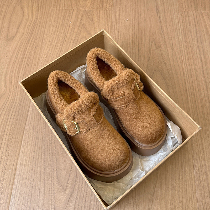 Damen Plüschige Slipper mit robustem Plateau und eleganter Schnalle R&B