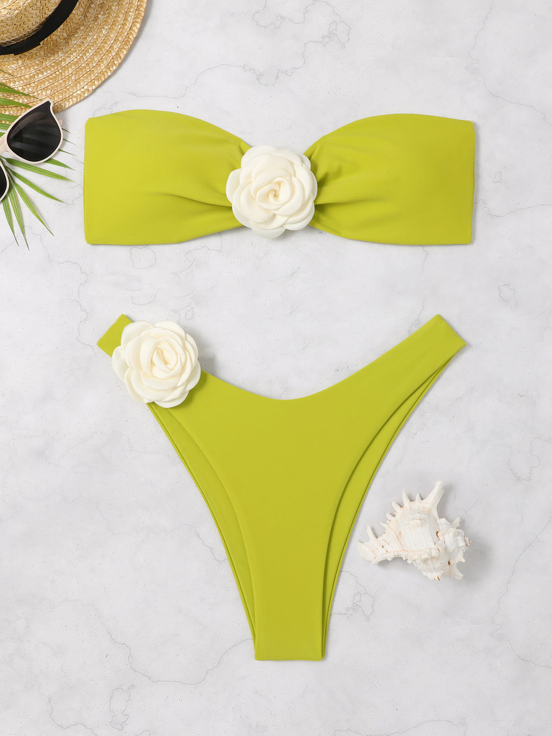 Damen Bandeau Bikini mit eleganter Blütenverzierung R&B