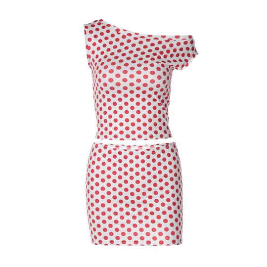 Damen figurbetontes Minikleid mit asymmetrischem Ausschnitt und gepunktetem Design R&B