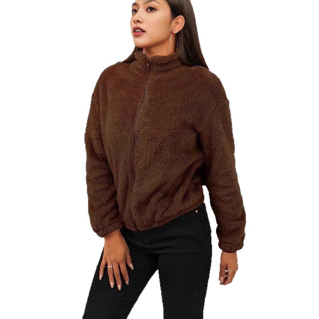 Damen Flauschige Fleecejacke mit hohem Kragen und seitlichen Taschen R&B