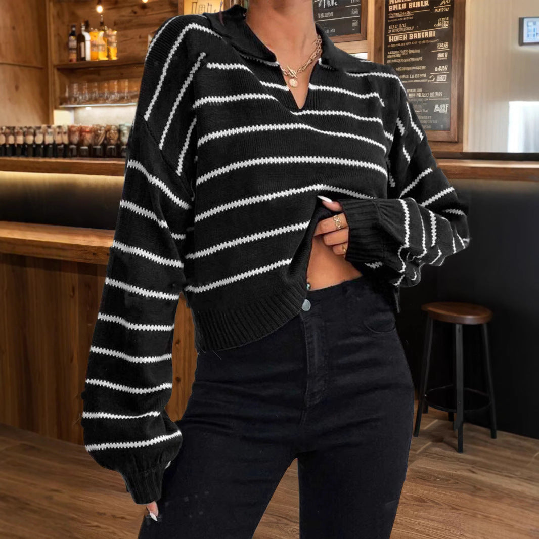 Damen moderner cropped Pullover mit Streifen und tiefem V-Ausschnitt R&B