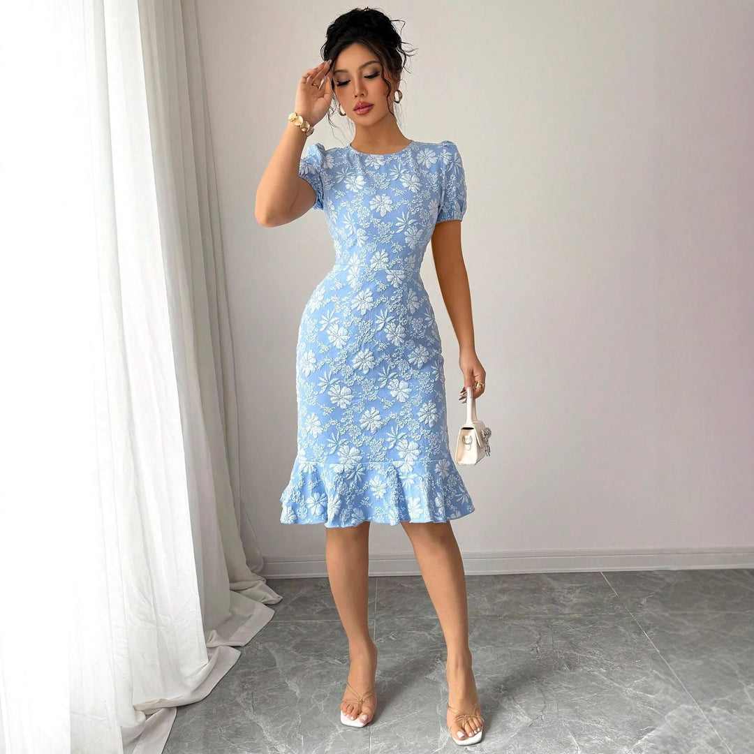 Damen Blumenspitze Midi-Kleid mit Rüschensaum R&B