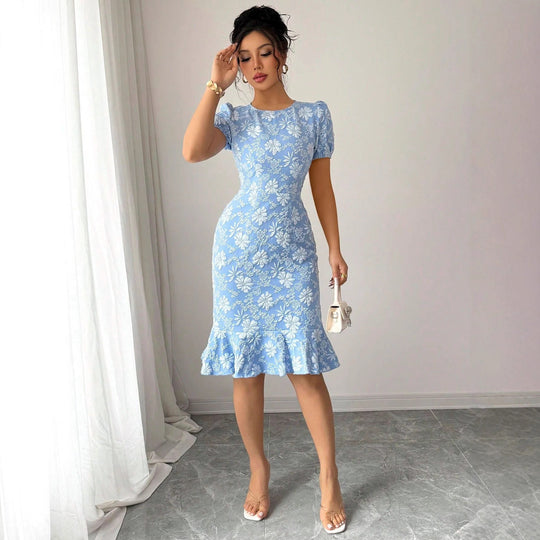 Damen Blumenspitze Midi-Kleid mit Rüschensaum R&B