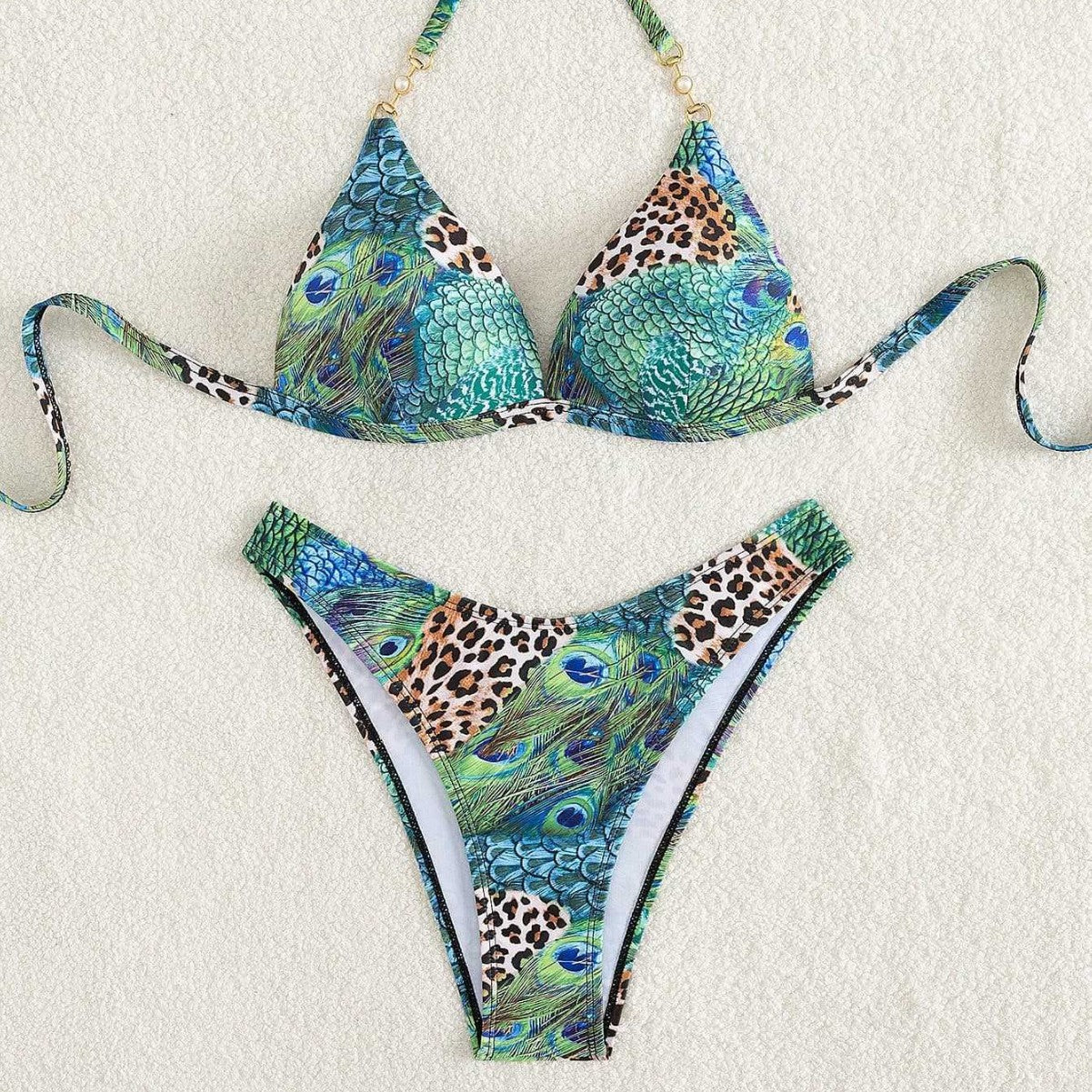 Damen Triangel-Bikini mit lR&Bendigem Tier- und Pfauenmotiv R&B