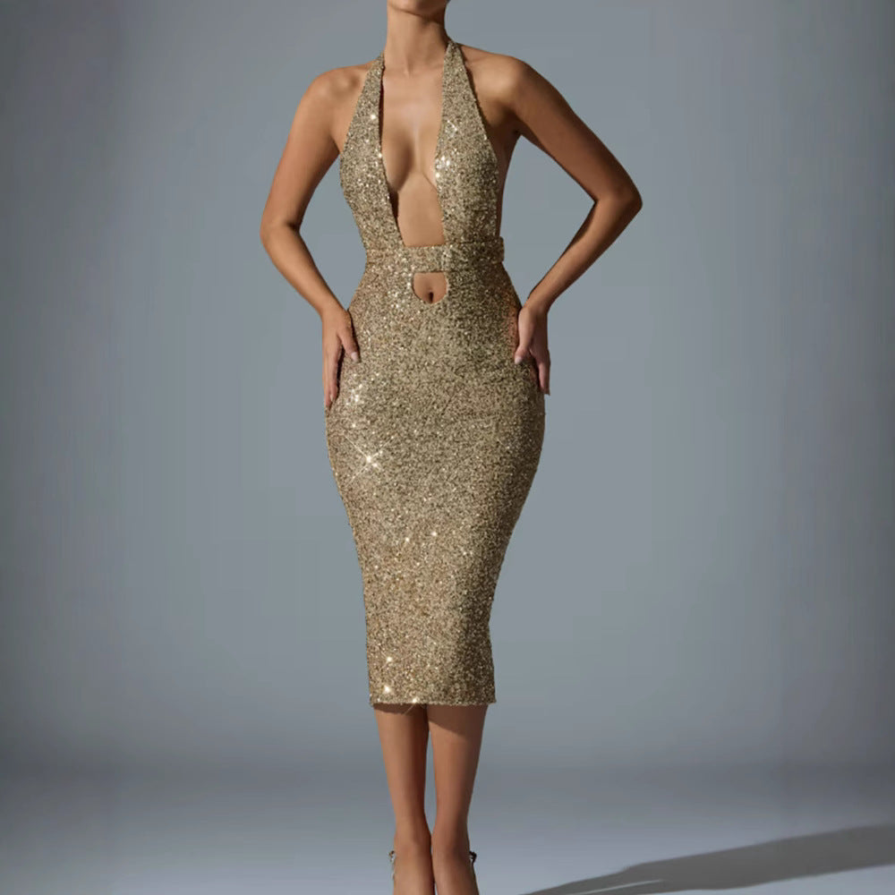 Damen Glamouröses Pailletten-Midi-Kleid mit tiefem V-Ausschnitt und figurbetonter Silhouette R&B