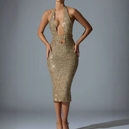 Damen Glamouröses Pailletten-Midi-Kleid mit tiefem V-Ausschnitt und figurbetonter Silhouette R&B