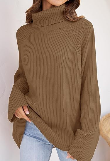 Damen Feinstrickpullover mit hohem Kragen und weitem Schnitt R&B