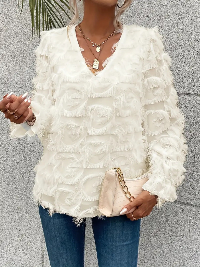 Damen luxuriöse Rüschenbluse mit V-Ausschnitt und feinen Details R&B