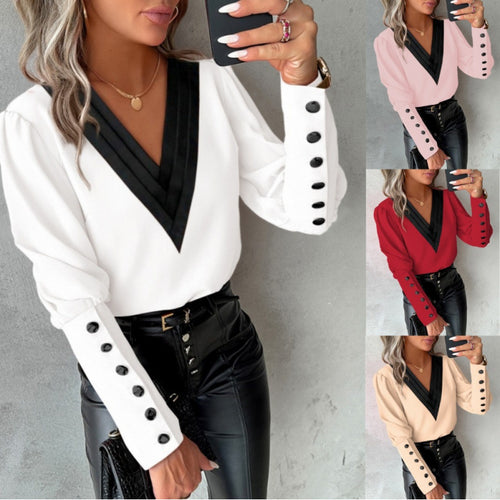 Damen Bluse mit V-Ausschnitt und eleganten Puffärmeln R&B