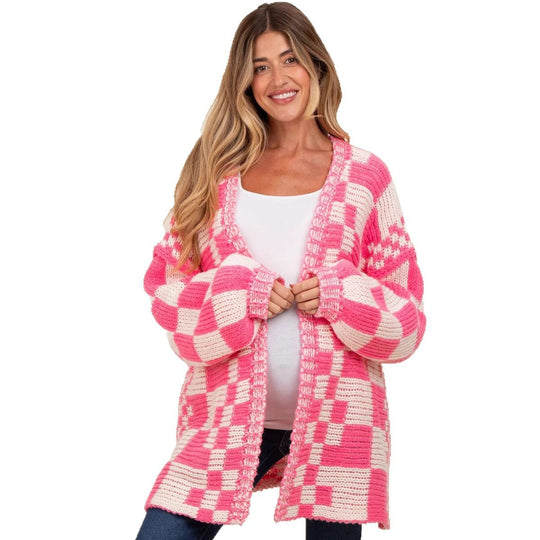 Damen lässiger Strickcardigan mit Karomuster und oversized Schnitt R&B