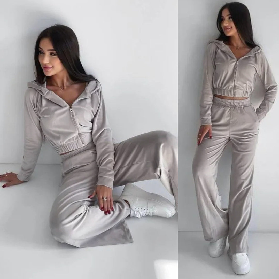 Damen sportliches Fleece Lounge-Set mit kurzem Schnitt und elastischem Bund R&B