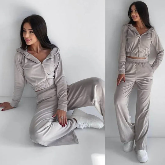 Damen sportliches Fleece Lounge-Set mit kurzem Schnitt und elastischem Bund R&B
