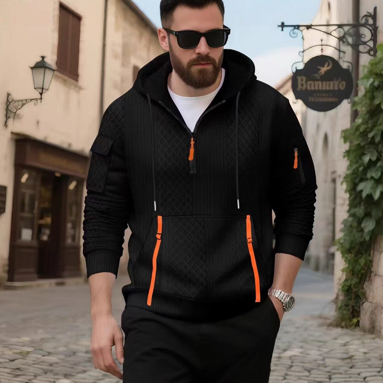 Herren sportlicher Kapuzenpullover mit strukturiertem Design und praktischen Reißverschlusstaschen R&B