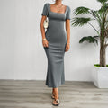 Damen figurbetontes Maxikleid mit quadratischem Ausschnitt und kurzen Ärmeln R&B