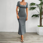 Damen figurbetontes Maxikleid mit quadratischem Ausschnitt und kurzen Ärmeln R&B