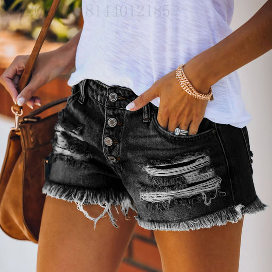 Damen lässige Destroyed Denim-Shorts mit Knopfdetails und fransigem Saum R&B