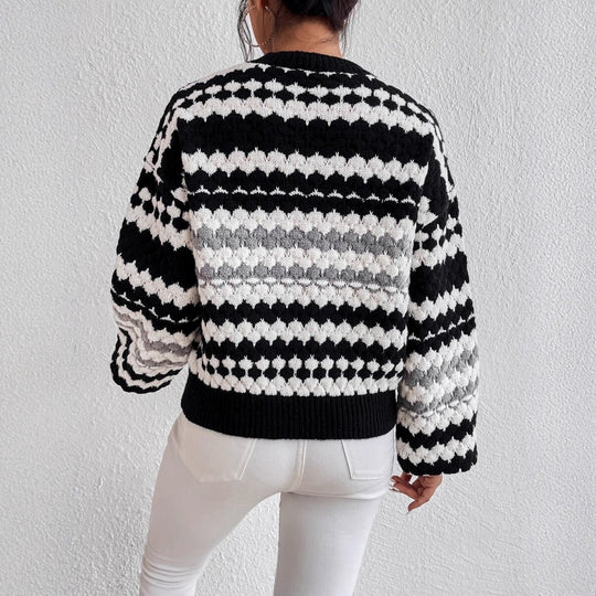 Damen Strickpullover mit kreativem Lochmuster und modischen Farbakzenten R&B